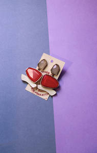 EARRINGS - Gold base with red, white plastic stone & white enamel