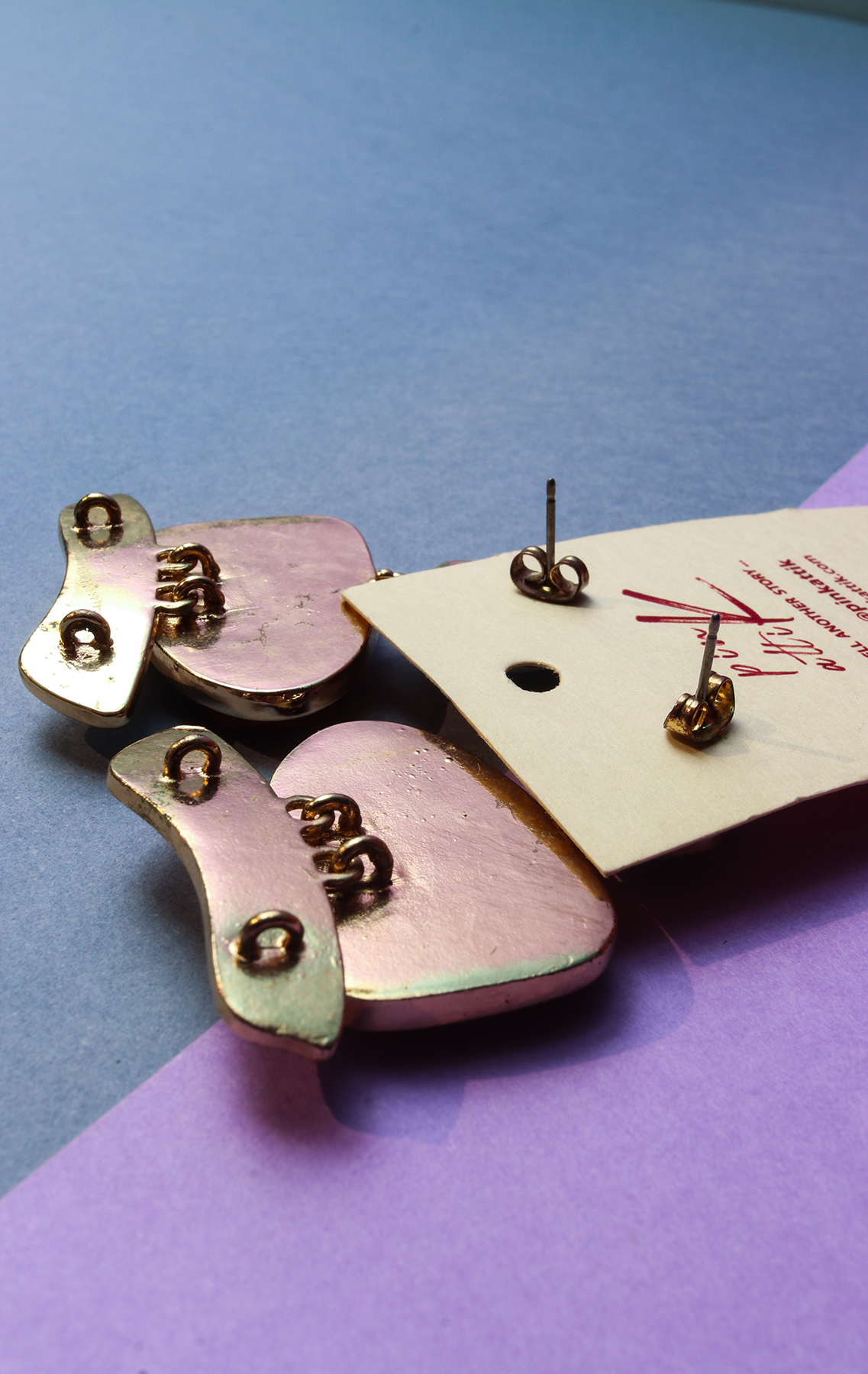 EARRINGS - Gold base with red, white plastic stone & white enamel