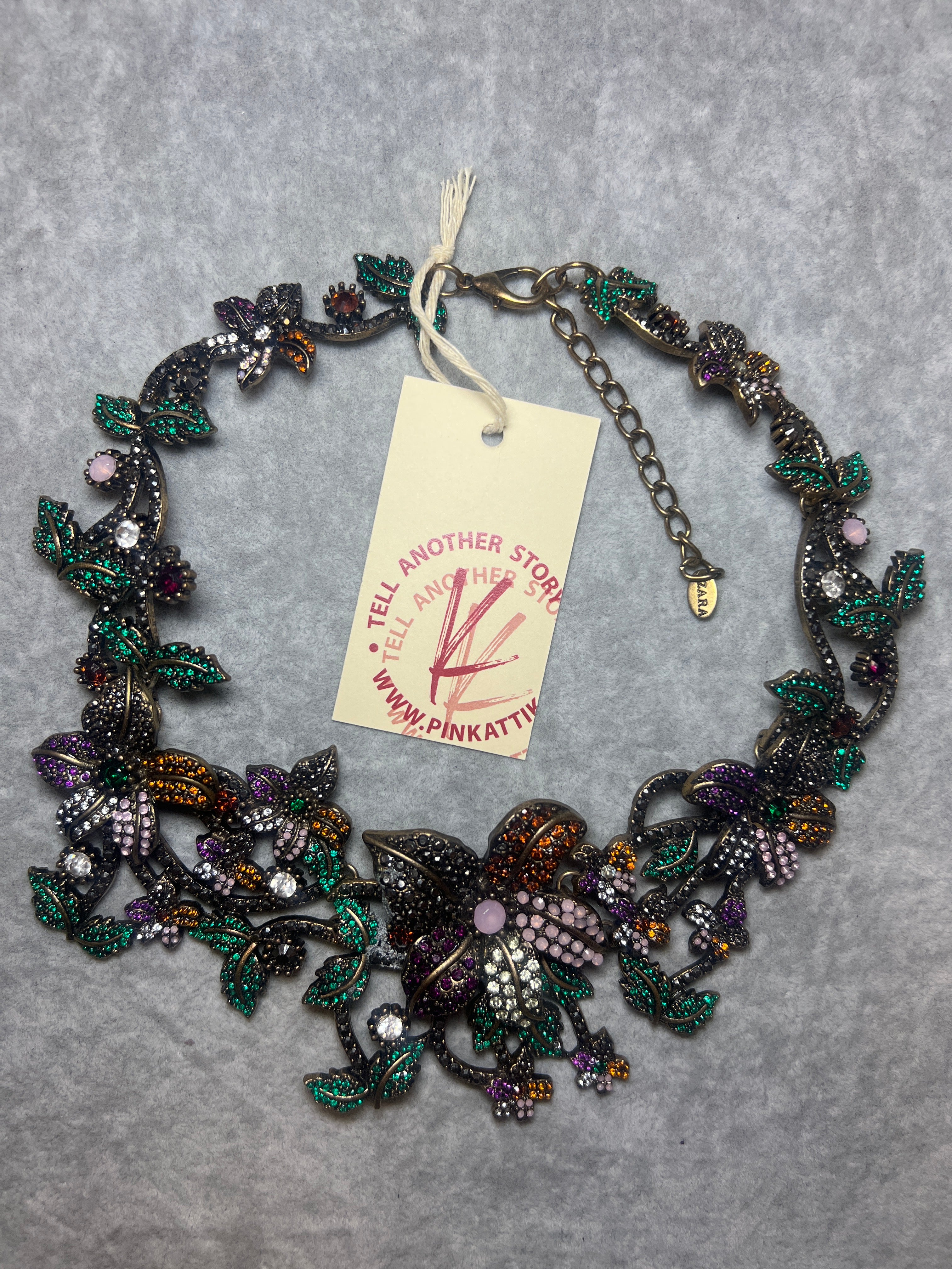 ZARA NECKLACE - Statement flowers, green pink , orange & crystal stones