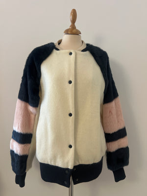 ZARA JACKET - White with navy & pink faux fur - Medium