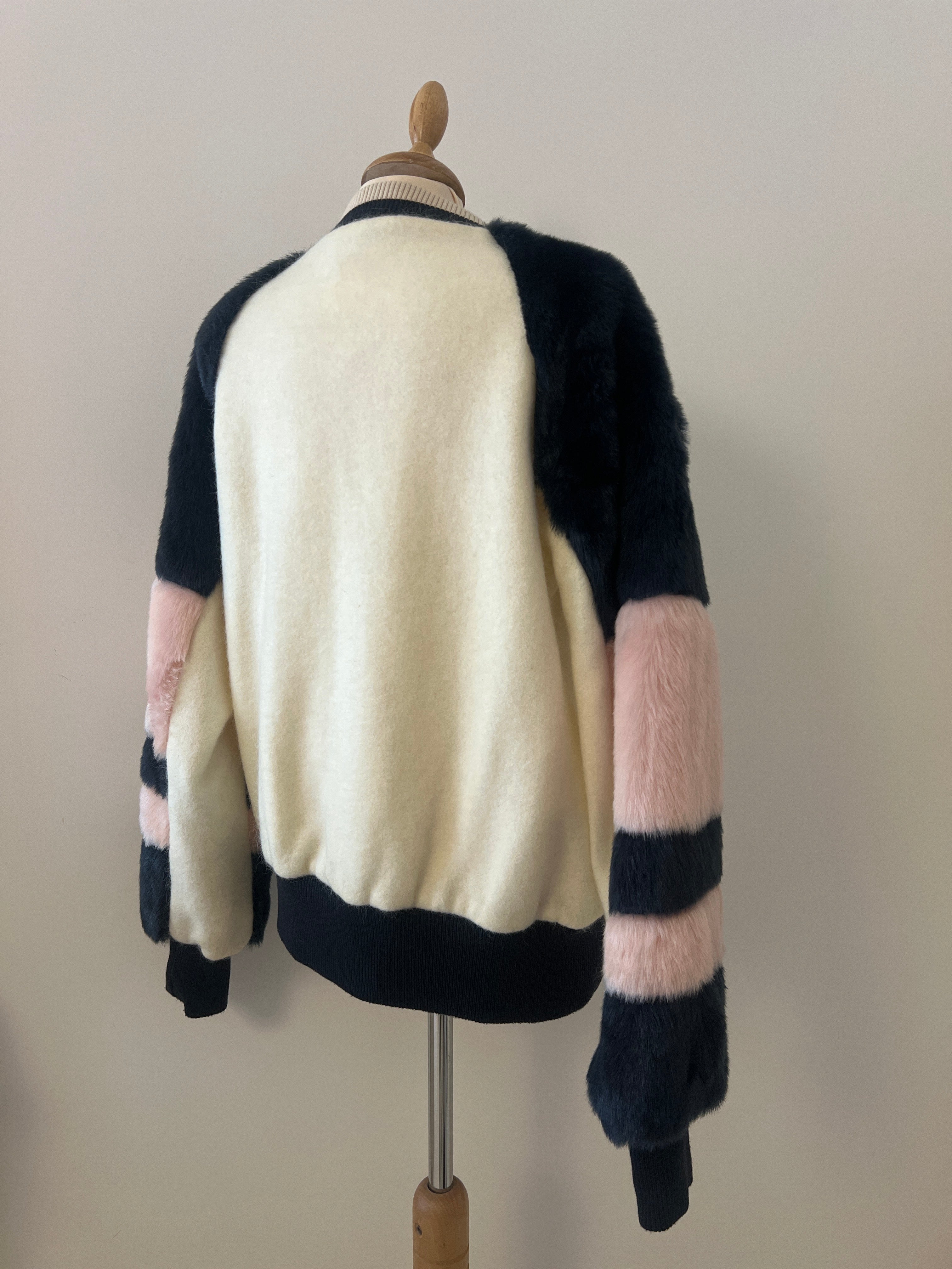 ZARA JACKET - White with navy & pink faux fur - Medium