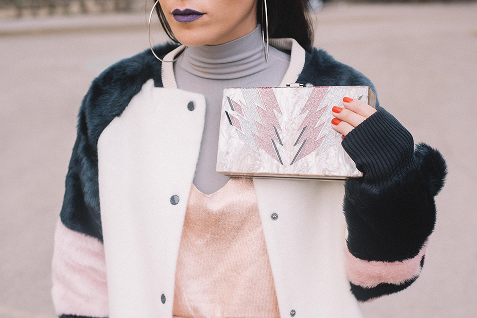 ZARA JACKET - White with navy & pink faux fur - Medium