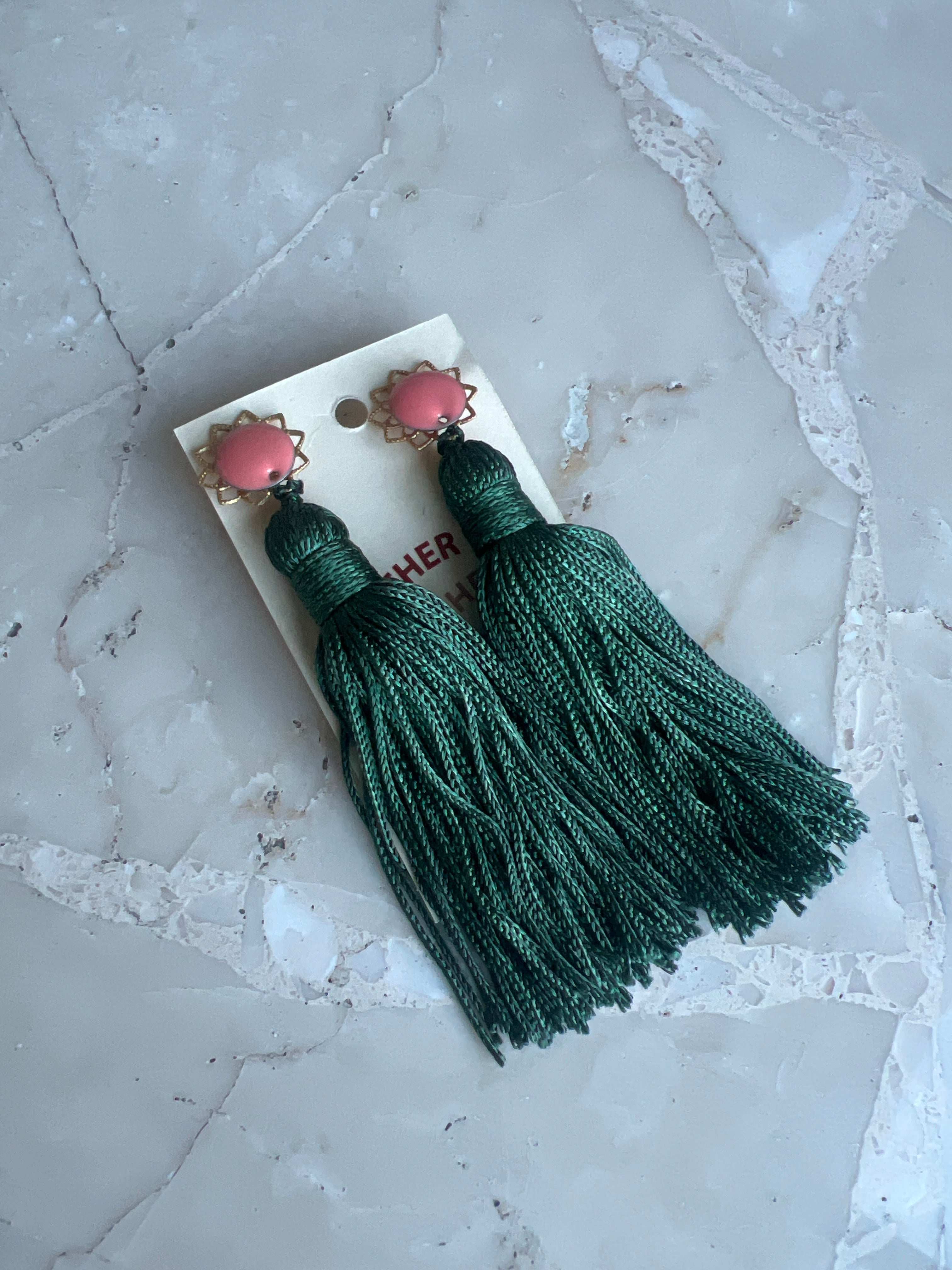 EARRINGS - Coral enamel & green tassles