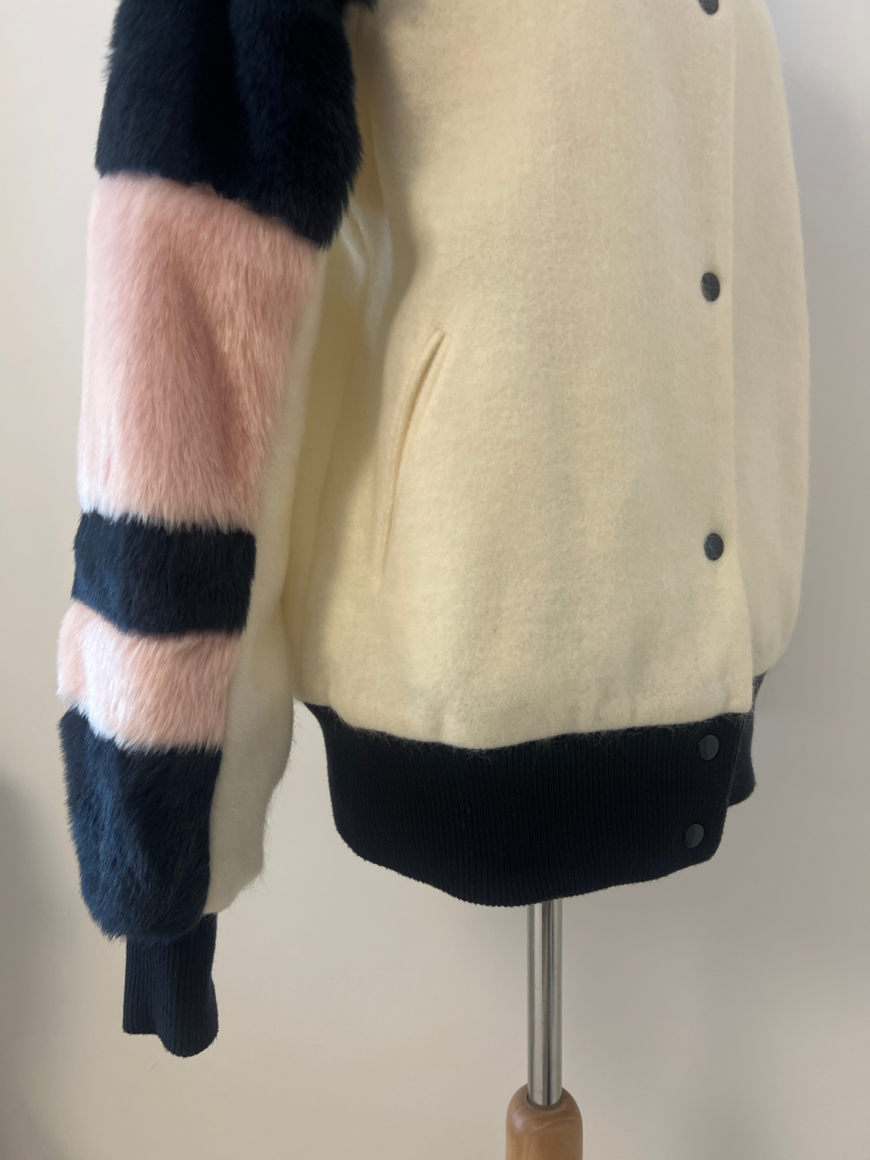 ZARA JACKET - White with navy & pink faux fur - Medium