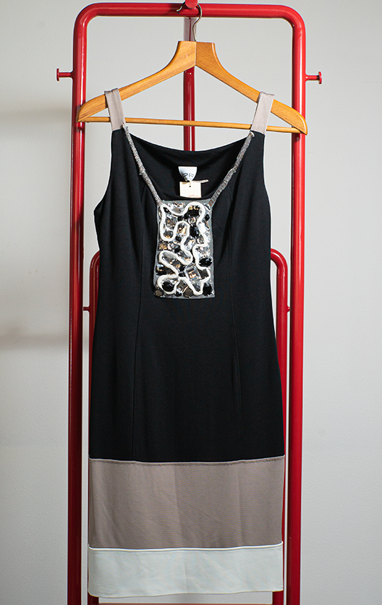 PAOLA FRANI DRESS - Black, grey & white with embroidery - Medium