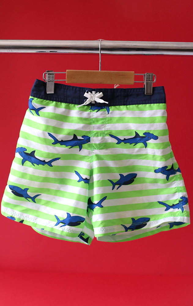 KIDS H&M SWIMSUIT - White & green stripes with sharks - 8/10 YEARS