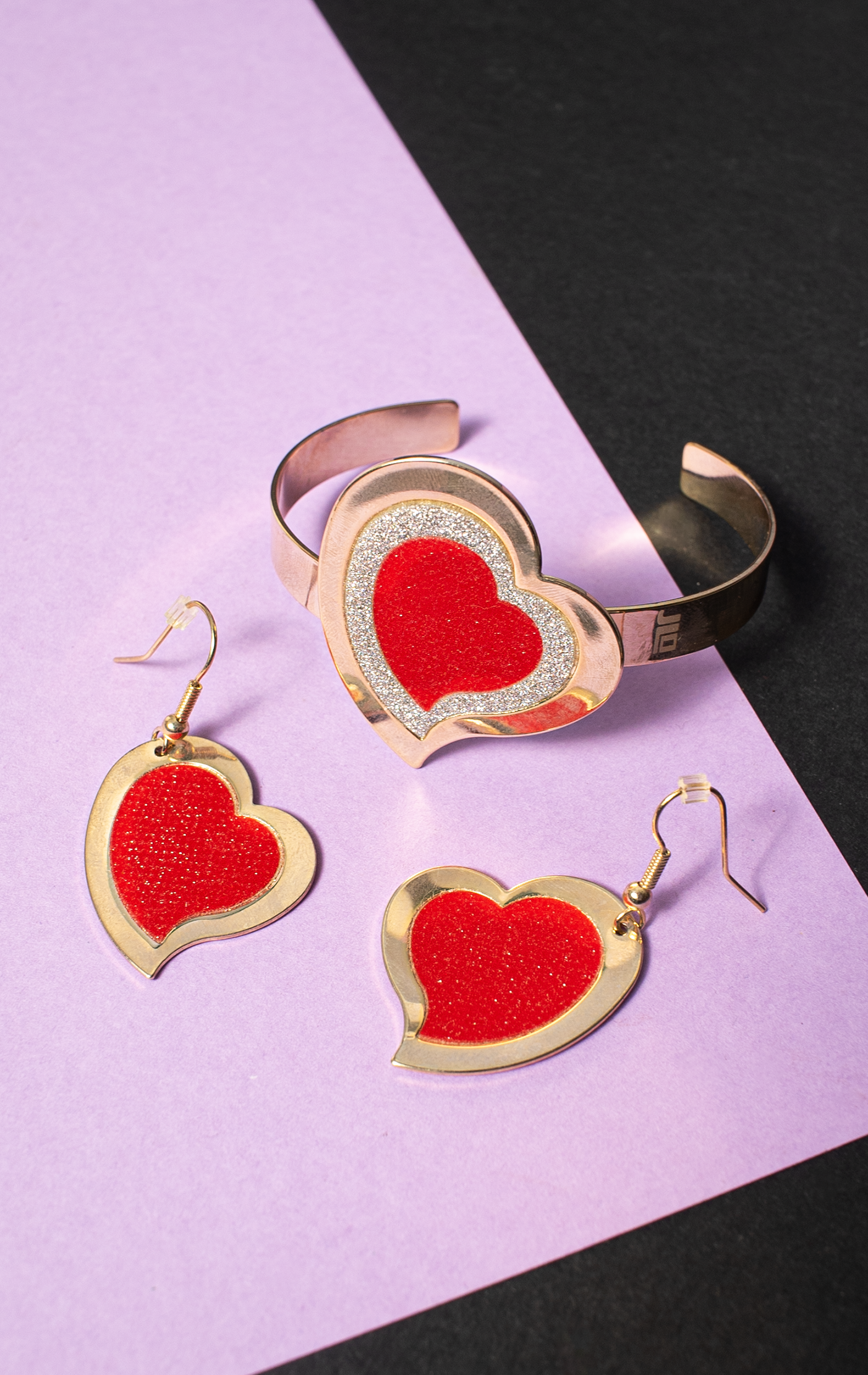 J LO SET - Bracelet & earrings red glitter hearts