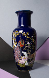 HOME DECO VASE - Navy with gold florals & birds