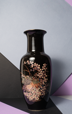 HOME DECO VASE - Black with gold florals