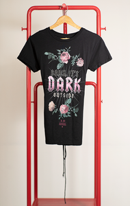 STRADIVARIUS TSHIRT - Black with floral and "DARK" print - Small
