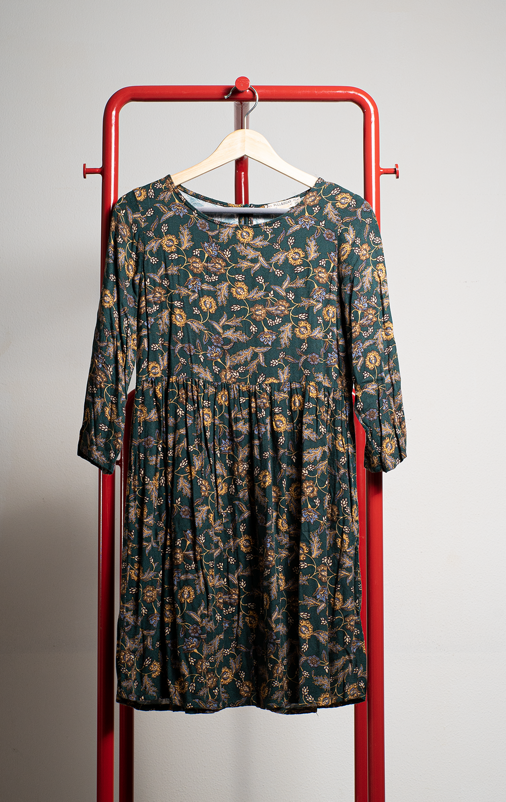 PULL & BEAR DRESS - Green with blue & yellow florals - Small