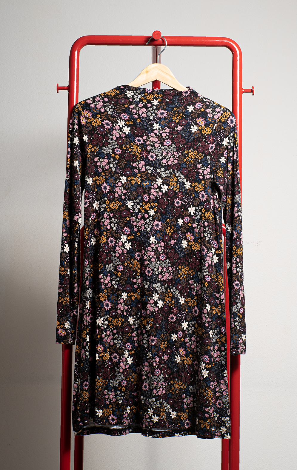 PULL & BEAR DRESS - Black with florals pink, white & yellow - Small