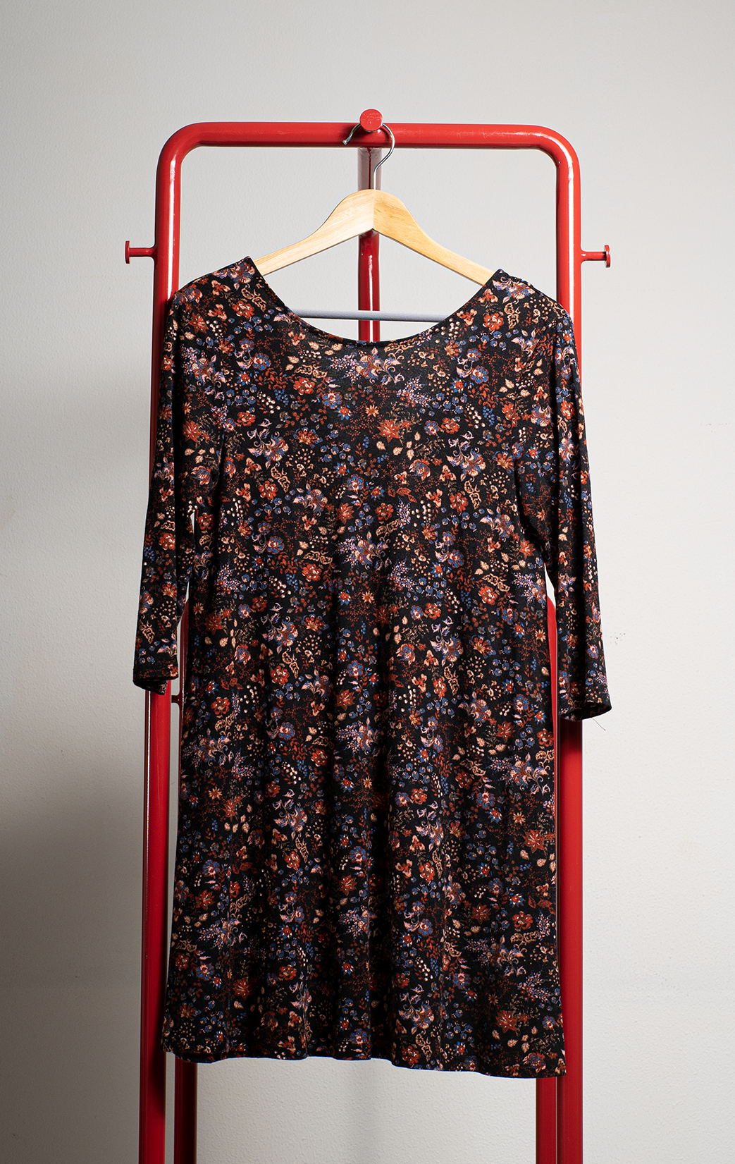 PULL & BEAR DRESS - Black with mini florals pattern pink, red & blue - Small