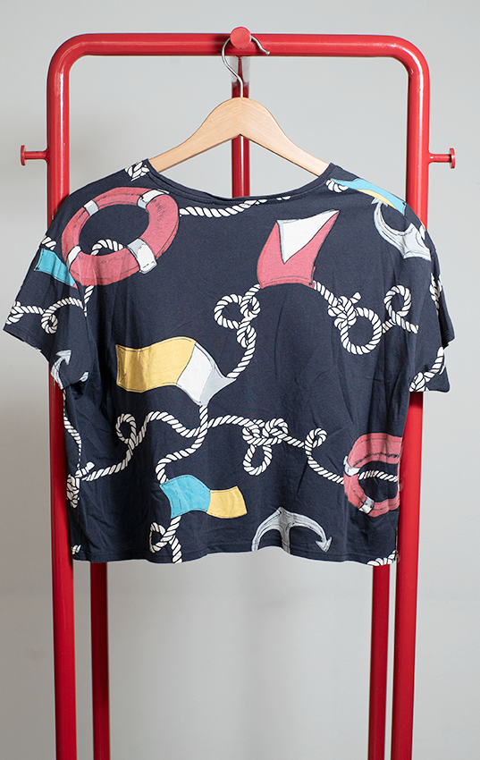 MANGO CROPTOP - Navy with boat theme print - Small