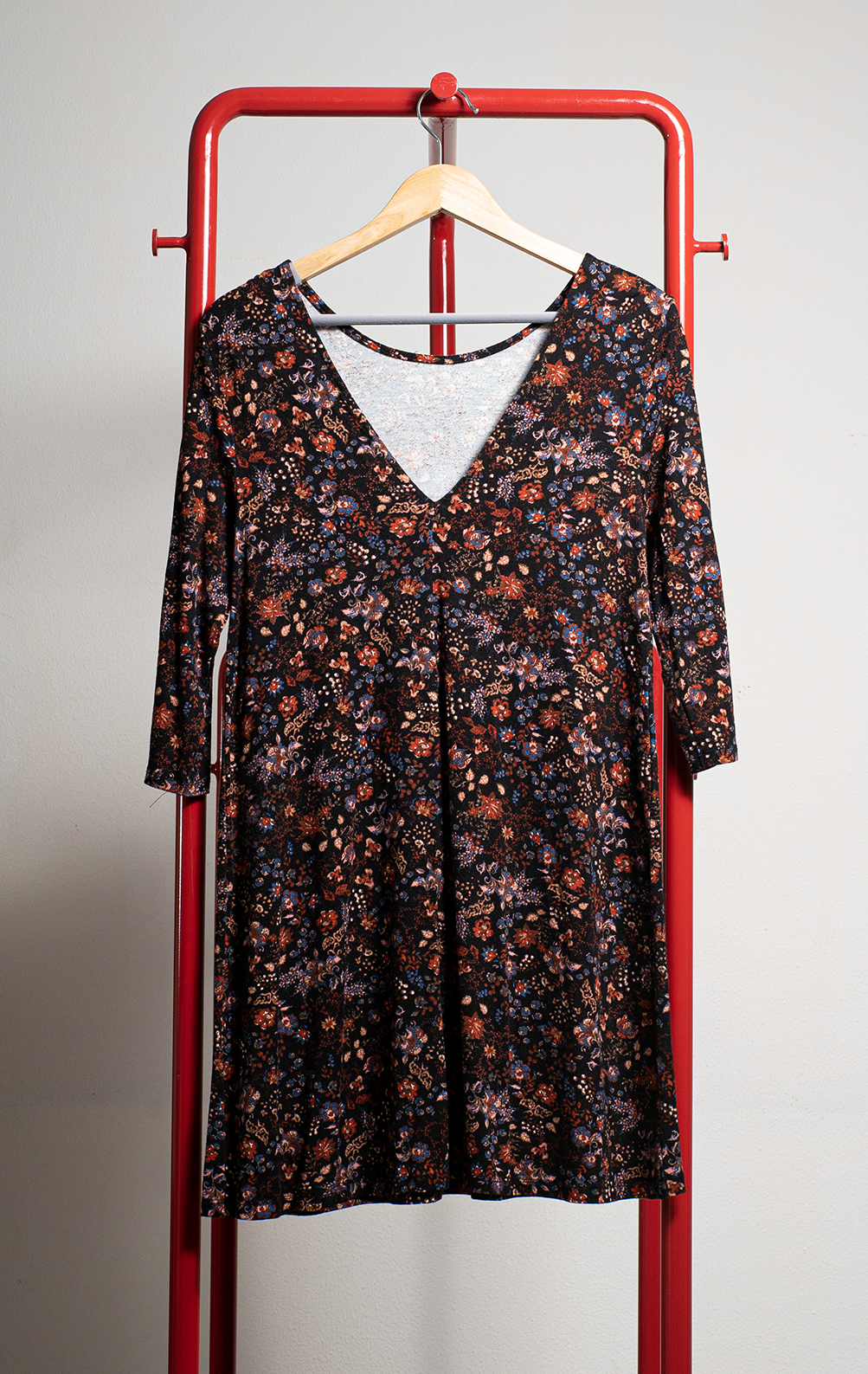 PULL & BEAR DRESS - Black with mini florals pattern pink, red & blue - Small