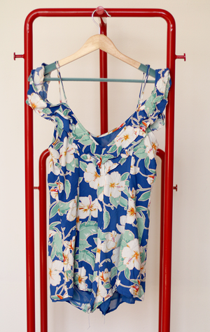 FOREVER 21 ROMPER - Electric blue with floral print and ruffles - Large