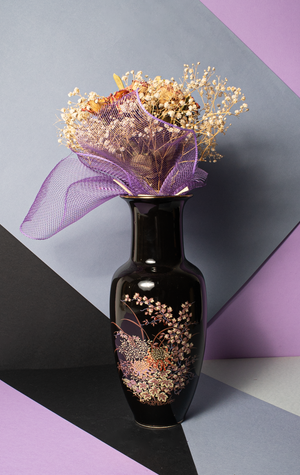 HOME DECO VASE - Black with gold florals