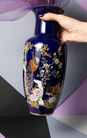 HOME DECO VASE - Navy with gold florals & birds