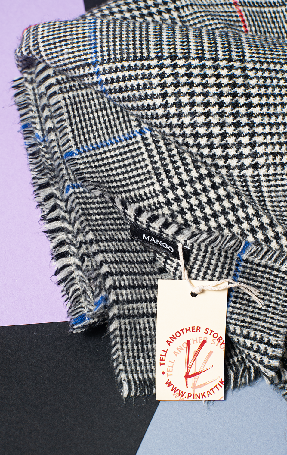 MANGO SCARF - Houndstooth black & white with blue & red lines - 200 x 95 cm