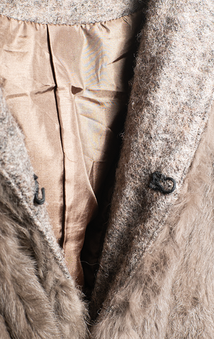 AVIATOR STYLE VESTE - Brown fur & wool vintage with velevt belt - Small